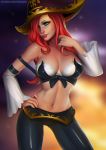  1girl adjusting_hair aqua_eyes bare_shoulders breasts cleavage detached_sleeves essentialsquid freckles hand_on_hip hat large_breasts league_of_legends lipstick long_hair makeup midriff pants pirate_hat red_lipstick redhead sarah_fortune solo tight tight_pants 