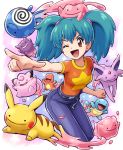  ;d aqua_hair belt charmander clefairy denim ditto espeon gengar imite_(pokemon) jeans one_eye_closed open_mouth pants pikachu pointing pokemoa pokemon pokemon_(anime) poliwag smile squirtle twintails 