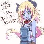  1girl black_sclera blonde_hair blue_skin blush collar demon_girl demon_horns fang h-new horns looking_at_viewer original overalls pointy_ears smile translation_request 
