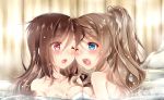  2girls ;d ;o alternate_hairstyle asakaze_(kantai_collection) back bare_shoulders baretto bath bathing blue_eyes blush breast_press breasts brown_hair cheek-to-cheek collarbone eye_contact female hair_down hair_up harukaze_(kantai_collection) highres kantai_collection long_hair looking_at_another multiple_girls naked_towel neck one_eye_closed onsen open_mouth ponytail red_eyes round_teeth smile steam submerged symmetrical_docking teeth towel upper_body water wavy_hair wince wink wooden_wall yuri 