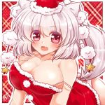  1girl animal_ears bare_shoulders breasts christmas_costume cleavage collarbone fang hat inubashiri_momiji large_breasts looking_at_viewer open_mouth panties red_eyes short_hair silver_hair solo tail touhou underwear wolf_ears wolf_tail 
