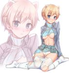  1girl blonde_hair blue_eyes blush boots brave_witches breasts commentary dirty dirty_clothes dirty_face ermine_ears frown fur_trim jacket konnyaku_(kk-monmon) military military_uniform navel nikka_edvardine_katajainen open_clothes open_jacket panties pantyhose pouch ribbed_sweater shadow short_hair sitting solo sweater torn_boots torn_clothes torn_pantyhose torn_sweater under_boob underwear uniform wariza white_background white_boots white_legwear white_panties world_witches_series zoom_layer 