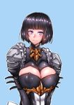  1girl absurdres arm_belt armor bangs black_hair blue_background blunt_bangs bob_cut breasts cleavage cleavage_cutout closed_mouth dress erect_nipples erika_(shadowverse) gggg highres jewelry large_breasts long_sleeves looking_at_viewer pendant shadowverse short_hair simple_background smile solo spaulders turtleneck upper_body violet_eyes 