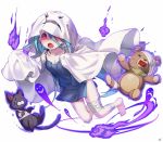 1girl bandage barefoot blue_hair copyright_request fang full_body ghost_costume long_hair no_pupils open_mouth red_eyes simple_background solo stuffed_animal stuffed_toy sweatdrop teddy_bear white_background 