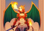  1girl armor breasts breathing_fire charizard cleavage cowboy_shot dav-19 dragon_girl dragon_wings elbow_gloves fiery_tail fire gauntlets gloves green_eyes horns lizard_tail long_hair midriff monster_girl navel orange_hair pauldrons pelvic_curtain personification pokemon shoulder_spikes solo spikes sword tail thigh-highs watermark weapon web_address wings 