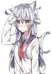  1girl animal_ears arm_up blue_eyes blush cardigan cat_ears cat_tail commentary hibiki_(kantai_collection) highres kantai_collection kvlen long_hair neckerchief no_hat no_headwear open_mouth school_uniform serafuku sleeves_pushed_up solo tail upper_body 