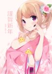  1girl 2017 :&gt; bangs between_breasts bird blue_flower blush breasts chick chikuwa. cleavage closed_mouth eyebrows_visible_through_hair facepaint floral_print flower hair_flower hair_ornament happy_new_year japanese_clothes kimono kimono_pull large_breasts light_brown_hair looking_at_viewer nengajou new_year obi original pink_flower pink_kimono ponytail sash smile solo translated upper_body violet_eyes 
