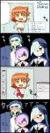  4girls 4koma blue_hair blush character_request chibi comic fate/grand_order fate_(series) fujimaru_ritsuka_(female) glasses hair_between_eyes kana kiyohime_(fate/grand_order) long_hair multiple_girls necktie open_mouth orange_hair purple_hair red_necktie riyo_(lyomsnpmp)_(style) scrunchie shielder_(fate/grand_order) short_hair side_ponytail sweatdrop translation_request 