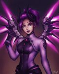  1girl alternate_costume artist_name bodysuit breasts closed_mouth dark_persona demon_horns demon_wings emblem eyelashes facial_mark forehead_mark glowing glowing_wings highres horns imp_mercy jewelry lily_santos looking_at_viewer mechanical_wings medium_breasts mercy_(overwatch) overwatch polearm ponytail purple_hair purple_wings solo trident upper_body violet_eyes weapon wings 