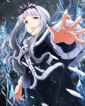  1girl artist_request brooch fur_trim hairband ice idolmaster idolmaster_million_live! jewelry long_hair mountain official_art open_mouth outstretched_hand reaching_out red_eyes shijou_takane sidelocks silver_hair snow solo spikes tree wavy_hair winter winter_clothes 