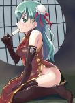  1girl black_legwear china_dress chinese_clothes double_bun dress elbow_gloves food from_side gloves grey_hair hair_bun hi-ho- kantai_collection long_hair no_panties popsicle sexually_suggestive shiny shiny_skin sitting solo stain suzuya_(kantai_collection) thigh-highs 
