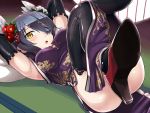  1girl alternate_costume armpits black_gloves black_legwear blush breasts china_dress chinese_clothes dress elbow_gloves eyepatch gloves hi-ho- high_heels kantai_collection large_breasts looking_at_viewer open_mouth short_hair solo tenryuu_(kantai_collection) thigh-highs yellow_eyes 