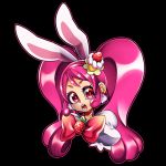  1girl :o animal_ears black_background bow cake_hair_ornament choker close-up cure_whip extra_ears food food_themed_hair_ornament food_themed_ornament fruit hair_ornament hairband kirakira_precure_a_la_mode long_hair looking_at_viewer magical_girl ninomae open_mouth pink_bow pink_hair precure puffy_sleeves rabbit_ears red_eyes solo strawberry twintails usami_ichika 