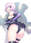  1girl :o ass bare_shoulders breasts elbow_gloves fate/grand_order fate_(series) from_behind gloves hair_over_one_eye looking_back pink_hair shield shielder_(fate/grand_order) shiny shiny_clothes shiny_hair short_hair solo thigh-highs ueyama_michirou violet_eyes 