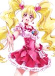  1girl :d blonde_hair blush choker cure_peach dress earrings eyelashes fresh_precure! frilled_dress frills hair_ornament hairclip happy heart heart_earrings heart_hair_ornament highres jewelry long_hair looking_at_viewer magical_girl momozono_love open_mouth pink_eyes precure puffy_sleeves ribbon sharumon simple_background smile solo standing twintails white_background wrist_cuffs 