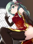  1girl blush brown_legwear china_dress chinese_clothes double_bun dress dutch_angle elbow_gloves from_below gloves green_eyes green_hair hi-ho- kantai_collection legs_crossed lips long_hair no_panties sitting smile solo suzuya_(kantai_collection) thigh-highs v 