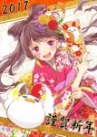  &gt;:d 1girl 2017 :d bangs bird brown_hair chicken commentary_request earrings flower flower_earrings hagoita hair_flower hair_ornament hair_stick happy_new_year index_finger_raised japanese_clothes jewelry kanzashi kimono long_hair long_sleeves nail_polish natsu_(natume0504) new_year obi open_mouth original paddle pink_eyes pink_nails rooster sash smile solo sparkle tassel translated twitter_username year_of_the_rooster 