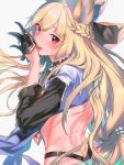  1girl animal_ears back bangs bare_back black_gloves blonde_hair braid eyebrows_visible_through_hair floating_hair from_side glove_pull gloves granblue_fantasy grey_background highres licking licking_hand long_hair looking_at_viewer parted_lips red_eyes ryokucha_(i_cobalt) simple_background sleeves_past_elbows solo teeth tongue upper_body yuisis_(granblue_fantasy) 