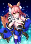  1girl animal_ears answering blue_legwear bow breasts cleavage detached_sleeves fate/extra fate/grand_order fate_(series) fox_ears fox_tail hair_bow hair_ribbon japanese_clothes large_breasts looking_at_viewer pink_hair ribbon solo tail tamamo_(fate)_(all) tamamo_no_mae_(fate) yellow_eyes 