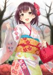  1girl bag blush bob_cut brown_eyes brown_hair flower hair_flower hair_ornament handbag japanese_clothes kimono kinugasa_yuuichi original short_hair smile solo tree 