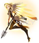  1girl black_boots black_gloves blonde_hair blue_eyes bodysuit boots breasts brown_legwear character_name eyeliner faulds finger_on_trigger from_side full_body gloves glowing glowing_wings greaves gun handgun headgear high_heel_boots high_heels high_ponytail highres holding holding_gun holding_staff holding_weapon knee_pads kneeboots loincloth long_sleeves looking_at_viewer makeup mechanical_halo mechanical_wings medium_breasts mercy_(overwatch) natsuhara one_leg_raised overwatch pantyhose parted_lips pelvic_curtain ponytail print_legwear solo spread_wings staff swiss_flag teeth weapon wing_print wings yellow_wings 