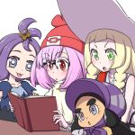  4girls :3 acerola_(pokemon) beanie black_hair blonde_hair bonnet book braid dark_skin elite_four female_protagonist_(pokemon_sm) glasses green_eyes haapuu_(pokemon) hair_ornament half_updo hanya_(hanya_yashiki) hat island_kahuna lillie_(pokemon) long_hair multiple_girls open_book open_mouth pink_hair pokemon pokemon_(game) pokemon_sm purple_hair red_eyes red_hat short_hair simple_background sleeveless sun_hat thick_eyebrows trial_captain twin_braids violet_eyes white_background white_hat z-ring 