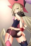  1girl arms_behind_back ass bare_shoulders black_legwear blonde_hair bound bound_wrists from_behind garter_straps green_eyes hat healther long_hair looking_at_viewer looking_back magilou_(tales) mismatched_legwear pink_legwear pointy_ears smile solo tales_of_(series) tales_of_berseria thigh-highs thighs very_long_hair witch_hat 