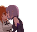  2girls bare_shoulders blush breasts eye_contact fate/grand_order fate_(series) fujimaru_ritsuka_(female) incipient_kiss large_breasts looking_at_another multiple_girls orange_hair purple_hair shielder_(fate/grand_order) short_hair sideboob white_background yuri 