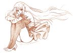  1girl bbb_(friskuser) breasts commentary_request dress elbow_gloves elbows_on_knees gloves high_heels kiss-shot_acerola-orion_heart-under-blade kizumonogatari knees_up large_breasts long_hair looking_at_viewer monochrome monogatari_(series) off_shoulder pointy_ears sitting sleeveless sleeveless_dress smile solo thigh-highs very_long_hair white_background 