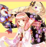  2girls ;d bird blonde_hair bow chicken earrings elise_(fire_emblem_if) fire_emblem fire_emblem_if floral_print hair_bow hair_ornament hair_ribbon hairband japanese_clothes jewelry kimono long_hair long_sleeves looking_at_viewer multiple_girls no_nose obi one_eye_closed open_mouth pink_eyes pink_hair ribbon rojiura-cat sakura_(fire_emblem_if) sash short_hair smile striped striped_background twintails very_long_hair violet_eyes wide_sleeves 