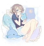  1girl barefoot belly_peek blue_eyes blue_shorts book frilled_pillow frills glasses grey_hair holding holding_book looking_at_viewer love_live! love_live!_sunshine!! navel pillow rassie_s shirt short_hair short_shorts shorts solo stuffed_animal stuffed_dolphin stuffed_toy t-shirt watanabe_you 