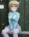  1girl artist_name bangs blonde_hair blue_eyes blue_sweater brave_witches breasts haruhata_mutsuki looking_at_viewer military military_uniform nikka_edvardine_katajainen pantyhose parted_lips ribbed_sweater short_hair signature sitting snow solo sweater twitter_username uniform v_arms white_legwear world_witches_series 