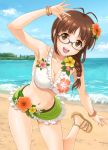  1girl :d akizuki_ritsuko antenna_hair arm_up armpits beach bikini bracelet braid breasts brown_eyes brown_hair cleavage flower glasses hair_flower hair_ornament hair_over_shoulder hibiscus hida_tatsuo idolmaster jewelry leg_up long_hair medium_breasts navel ocean open_mouth sandals sarong single_braid smile solo standing standing_on_one_leg swimsuit water 