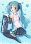  1girl black_boots blue_eyes blue_hair boots hair_ornament hatsune_miku highres instrument keyboard kneeling long_hair matching_hair/eyes microphone open_mouth piano pleated_skirt shirt skirt solo thigh-highs thigh_boots twintails umitonakai vocaloid white_shirt 