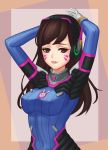  1girl animal_print arms_up bangs blue_bodysuit bodysuit boots bracer breasts brown_eyes brown_hair bunny_print covered_navel d.va_(overwatch) erect_nipples facepaint facial_mark gloves headphones highres lips long_hair looking_at_viewer medium_breasts overwatch p7_(pixiv9701781) parted_lips pauldrons pilot_suit pink_lips ribbed_bodysuit shoulder_pads skin_tight smile solo turtleneck upper_body whisker_markings white_gloves 