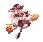  1girl :d black_boots black_skirt blush boots broom broom_riding capelet collared_shirt corset efina full_body glowing glowing_eyes hat holding_broom lie_(lieat) lieat long_hair monotsuki neck_ribbon open_mouth orange_hair outstretched_arms pink_eyes pointy_ears purple_ribbon red_eyes ribbon shirt simple_background skirt smile striped striped_legwear thigh-highs very_long_hair white_background white_shirt wing_collar witch witch_hat wrist_cuffs 