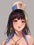  1girl bangs bare_shoulders black_eyes black_hair blush collarbone cross cross_earrings cross_necklace dungeon_and_fighter earrings female_crusader_(dungeon_and_fighter) female_priest_(dungeon_and_fighter) hat jewelry looking_at_viewer monaim necklace parted_lips portrait solo 