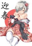  1girl alternate_costume between_breasts blue_eyes blush breasts bust_cup ebifurya eyes_visible_through_hair floral_print flower hair_flower hair_ornament hair_over_one_eye hairclip hamakaze_(kantai_collection) highres japanese_clothes kantai_collection kimono large_breasts long_sleeves new_year obi off_shoulder one_eye_closed red_kimono sash short_hair silver_hair wide_sleeves 