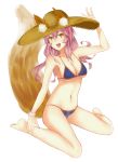  1girl :d animal_ears bikini breasts cleavage fate/grand_order fate_(series) fox_ears fox_tail groin hat large_breasts long_hair miya_star_saa navel open_mouth pink_hair sitting sketch smile solo straw_hat swimsuit tail tamamo_(fate)_(all) tamamo_no_mae_(swimsuit_lancer)_(fate) wariza white_background yellow_eyes 