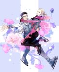  2boys black_hair blonde_hair braid carrying flower green_eyes grey_eyes highres ice_skates male_focus manman_mumu multiple_boys otabek_altin ponytail rose skates smile sparkle yuri!!!_on_ice yuri_plisetsky 