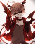  1boy ahoge bat_wings blood brown_hair dagger demon_boy demon_tail emalf glasses haiiro_teien holding holding_weapon horns knife male_focus pixiv_id_2074551 smile solo tail weapon wings 