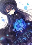  1girl bangs black_bow black_bowtie black_dress black_hair blue_eyes blue_flower blue_ribbon bonnet bouquet bow bowtie center_frills commentary_request cover cover_page cross doujin_cover dress dutch_angle expressionless flower flower_button frilled_dress frilled_shirt_collar frills gothic_lolita highres holding_bouquet lolita_fashion long_hair looking_at_viewer original petals ribbon rubi-sama solo tsurime 