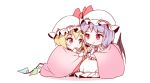  2girls ascot bangs bat_wings blonde_hair blush chibi closed_mouth crystal dress flandre_scarlet full_body hat hat_ribbon looking_at_another minust mob_cap multiple_girls purple_hair red_eyes remilia_scarlet ribbon shared_blanket short_hair siblings sisters slit_pupils smile touhou wings wrist_cuffs 