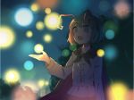  1girl :o antennae black_cape blouse busujima_(kusahana) cape glowing green_eyes green_hair highres light_particles long_sleeves looking_up nature night open_mouth outdoors short_hair sleeve_cuffs solo touhou white_blouse wriggle_nightbug 