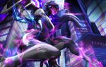  1girl absurdres arm_support bangs bodysuit breasts city city_lights from_below glowing hand_up highres kai&#039;sa large_breasts league_of_legends long_hair night outdoors parted_lips pink_eyes purple_hair sinser_(99535) solo teeth 