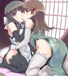  2girls :o alternate_costume angry arched_back ass black_gloves black_hair black_legwear blush bow braid brown_hair china_dress chinese_clothes couple dress elbow_gloves female gloves green_dress hair_bow hair_ornament hair_over_shoulder hand_on_another&#039;s_shoulder hi-ho- highres hug incipient_kiss indoors jpeg_artifacts kantai_collection kitakami_(kantai_collection) kneeling leaning leaning_forward legs lips long_hair looking_at_viewer looking_back multiple_girls mutual_yuri no_panties ooi_(kantai_collection) open_mouth pelvic_curtain red_eyes seiza side_slit sitting sleeveless sleeveless_dress thigh-highs violet_eyes white_gloves white_legwear yuri 