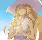  &gt;:( 1girl bangs bare_arms bare_shoulders blonde_hair blue_sky blunt_bangs braid closed_mouth collared_dress day dress green_eyes hands_clasped hat lillie_(pokemon) linus_linus long_hair looking_at_viewer outdoors pokemon pokemon_(game) pokemon_sm sky sleeveless sleeveless_dress solo standing sun_hat sundress twin_braids white_dress white_hat 