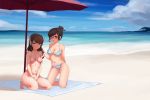  2girls :o absurdres bangs bare_shoulders barefoot beach beach_towel beach_umbrella beads bikini black-framed_eyewear blue_sky breasts brown_eyes brown_hair cleavage closed_mouth clouds cloudy_sky collarbone d.va_(overwatch) day eyebrows_visible_through_hair facepaint facial_mark glasses groin hair_bun hair_ornament hair_stick hand_on_another&#039;s_back headphones highres kneeling large_breasts long_hair mao_megumi medium_breasts mei_(overwatch) midriff multiple_girls navel ocean open_mouth outdoors overwatch pink_bikini sand shade sidelocks sky stomach strap_gap string_bikini striped striped_bikini swept_bangs swimsuit towel umbrella water whisker_markings 