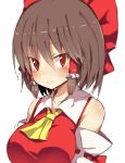  1girl ascot bangs benjamin_button_suukina_jinsei blush bow breasts brown_hair closed_mouth collarbone cookie_(touhou) detached_sleeves eyebrows_visible_through_hair hair_between_eyes hair_bow hair_tubes hakurei_reimu highres large_breasts looking_at_viewer red_bow red_eyes reu ribbon-trimmed_sleeves ribbon_trim sidelocks simple_background smile solo touhou tsurime upper_body white_background 