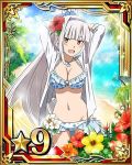  1girl arms_behind_head beach bikini breasts card_(medium) cleavage flower groin hair_flower hair_ornament hairband heterochromia hibiscus high_ponytail jacket jewelry large_breasts long_hair looking_at_viewer navel necklace number ocean open_clothes open_jacket open_mouth orange_flower red_eyes red_flower seven_(sao) silver_hair solo star swimsuit sword_art_online white_bikini white_flower white_jacket yellow_eyes yellow_flower 
